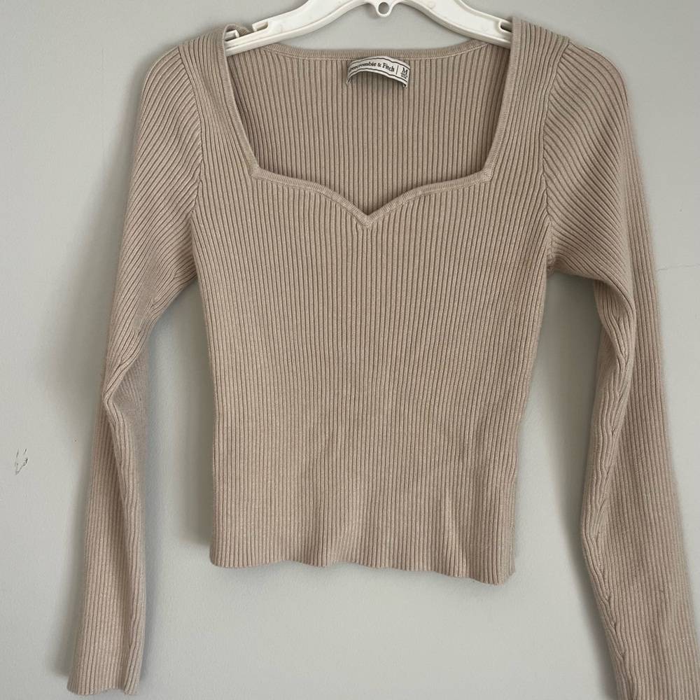 Abercrombie & Fitch Beige Ribbed Long Sleeve Top